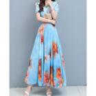 Short-sleeve Floral Print Midi A-line Dress / Undershorts