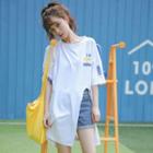 Letter Print Elbow Sleeve T-shirt White - One Size