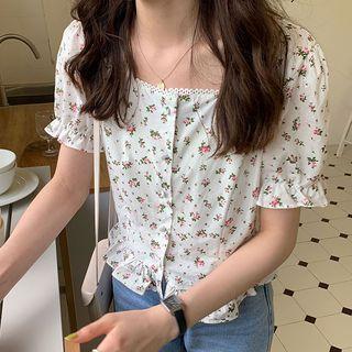 Floral Short-sleeve Blouse White - One Size