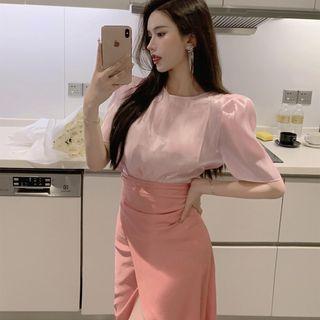 Plain Oversize Blouse / High-waist Plain Split Skirt