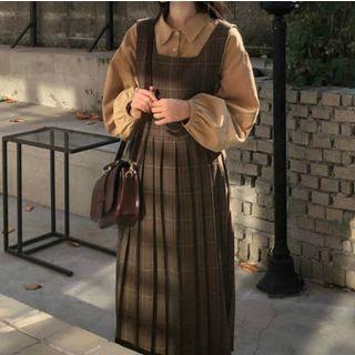 Puff-sleeve Corduroy Shirt / Plaid Midi Pinafore Dress