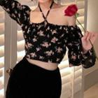 Long-sleeve Cold Shoulder Floral Top Pink Floral - Black - One Size