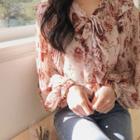 Lantern-sleeve Floral Blouse Red - One Size
