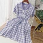 Short-sleeve Plaid Knit A-line Dress Purple - One Size