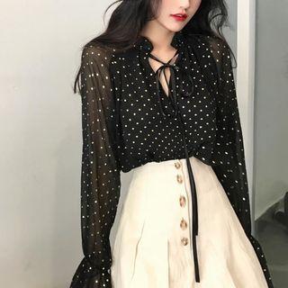 Dotted Bell-sleeve Blouse Dotted - Black - One Size