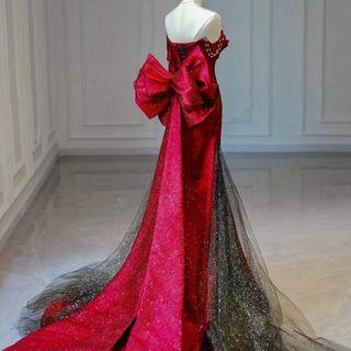 Off-shoulder Ribbon Glitter A-line Evening Gown