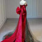 Off-shoulder Ribbon Glitter A-line Evening Gown