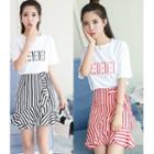 Set: Short-sleeve Lettering T-shirt + Striped A-line Skirt