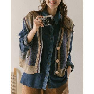 Button-detail Argyle Knit Vest Blue - One Size