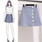 Striped Sweater / Buttoned Mini A-line Skirt