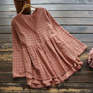 Long-sleeve Buttoned Perforate Tunic Top