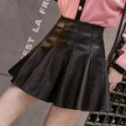 High-waist Faux Leather Pleated A-line Mini Skirt