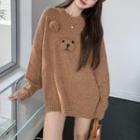Round-neck Bear-accent Oversized Sweater Khaki - One Size