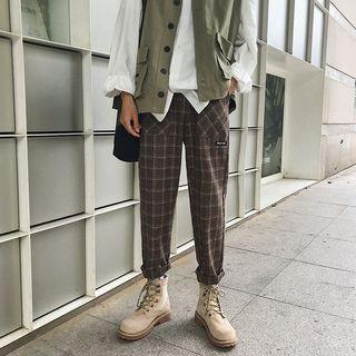 Plaid Drawstring Wide-leg Pants