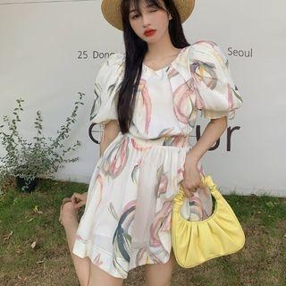 Puff-sleeve Print Open-back Mini A-line Dress White - One Size
