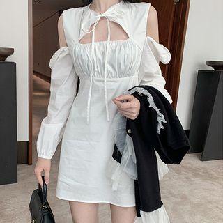 Long-sleeve Cold Shoulder Mini A-line Dress White - One Size