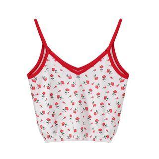 Set: Flower Print Cardigan + Camisole Top Set - Cardigan & Camisole Top - Red Flower - White - One Size
