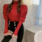 Puff-sleeve Mock-neck Blouse Red - One Size