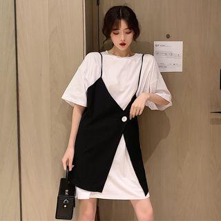 Set: Elbow-sleeve T-shirt Dress + Strappy A-line Dress