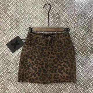 Leopard Print Distressed Denim Mini Pencil Skirt