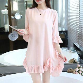 3/4-sleeve Frilled-trim Plain Dress