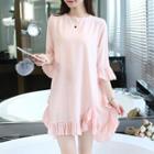 3/4-sleeve Frilled-trim Plain Dress