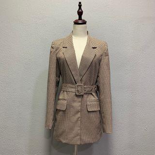 Belt-waist Plaid Blazer