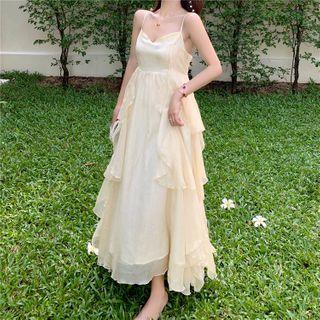 Spaghetti Strap Midi A-line Dress / Light Chiffon Jacket