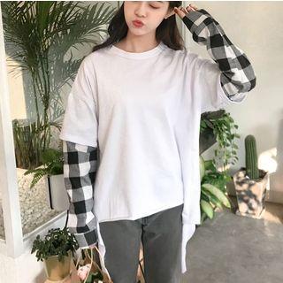 Gingham Panel Long-sleeve T-shirt