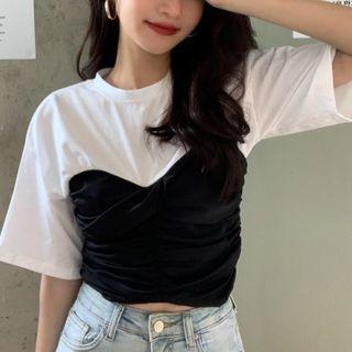 Short-sleeve Shirred Mock Two Piece Top As The Picture Shows - One Size