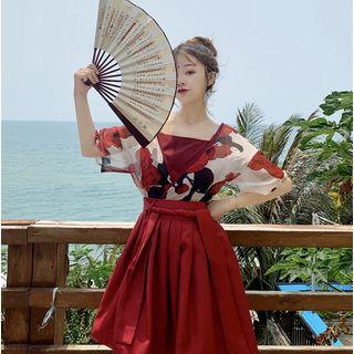 Set: Floral Short-sleeve Light Jacket + Camisole Top / Twisted Pleated Mini Skirt