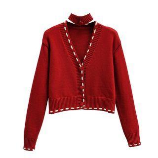 Contrast Stitching Cardigan Red - One Size