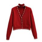 Contrast Stitching Cardigan Red - One Size