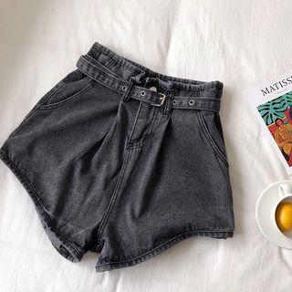 Plain High-waist Denim Wide-leg Shorts