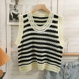 Eyelet Striped Loose Knit Vest Almond - One Size