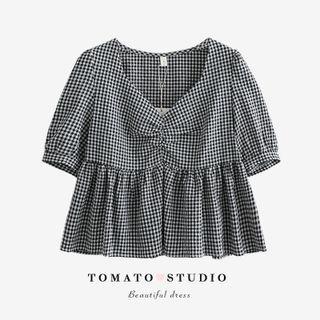 V-neck Two Tone Plaid Cropped Blouse