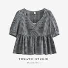 V-neck Two Tone Plaid Cropped Blouse