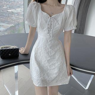 Lace-up Floral Jacquard Short-sleeve Dress