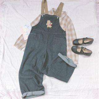Bear Embroidered Denim Jumper Pants Black - One Size