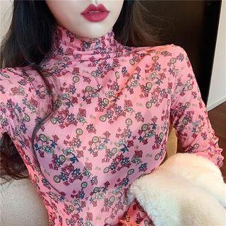 Long-sleeve Mock Neck Floral Printed Top