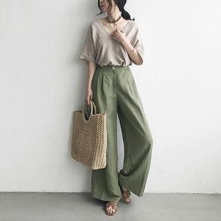 Zip-front Linen Blend Wide-leg Pants