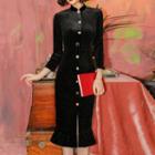 Mandarin Collar 3/4-sleeve Ruffle-hem Midi Sheath Dress