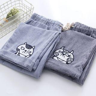 Cat Embroidered Pinstripe Pants
