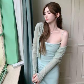 Spaghetti Strap A-line Maxi Dress / Round-neck Button-up Ribbed Cardigan
