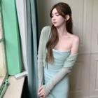 Spaghetti Strap A-line Maxi Dress / Round-neck Button-up Ribbed Cardigan