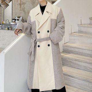 Double-breasted Sashed Pattern Panel Long Coat