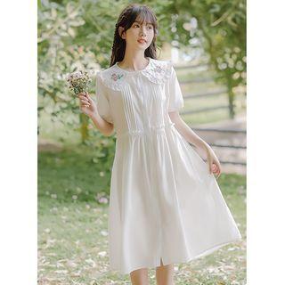 Puff-sleeve Collar Embroidered Midi A-line Dress