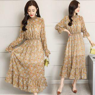 Long Sleeve Stand Collar Floral Midi Dress