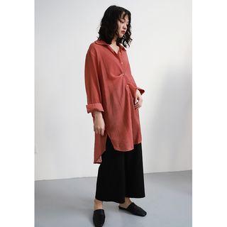 Plain Elbow-sleeve Shirt Dark Orange - One Size