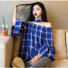 Plaid Off-shoulder Blouse With Choker